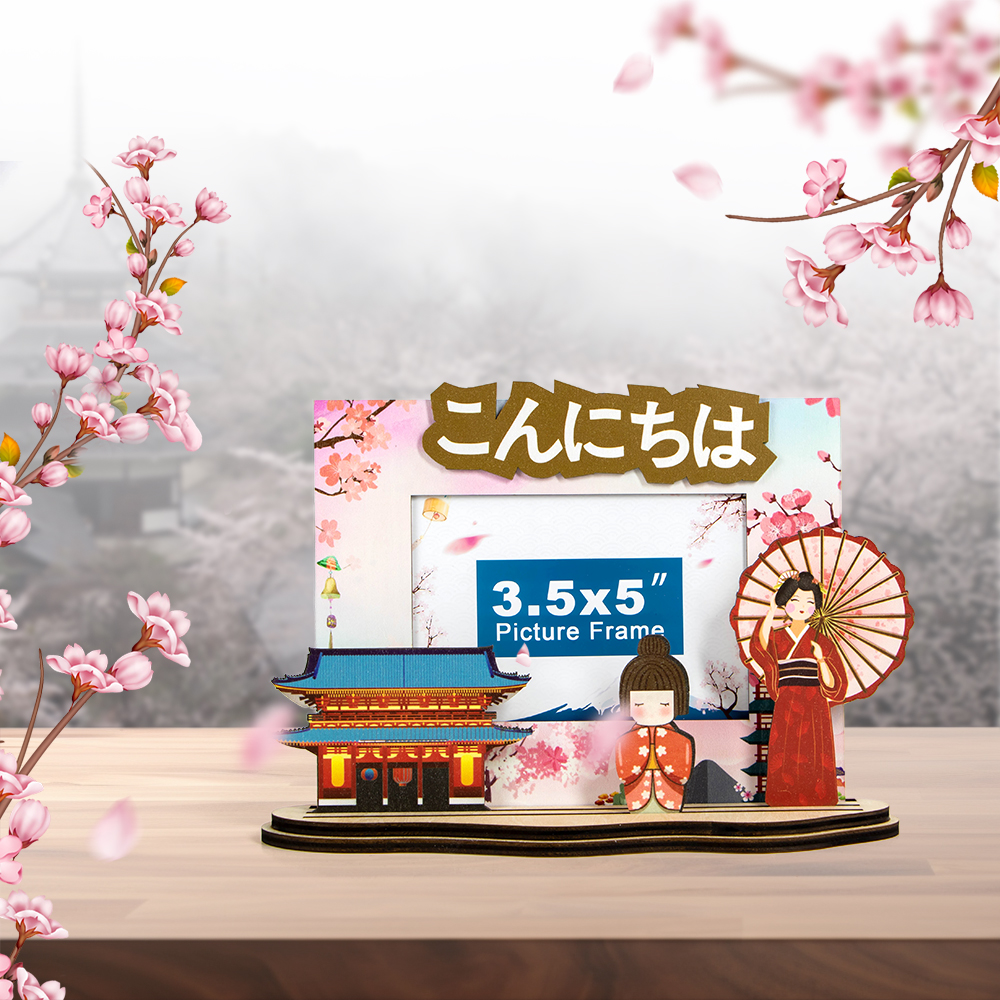 Japan souvenir photo frame, Konnichiwa photo frame, kimono girl wooden frame, Japanese culture keepsake, cherry blossom photo frame, Japanese temple souvenir, laser cut wooden travel gift, custom Japan photo frame,tourist souvenir supplier