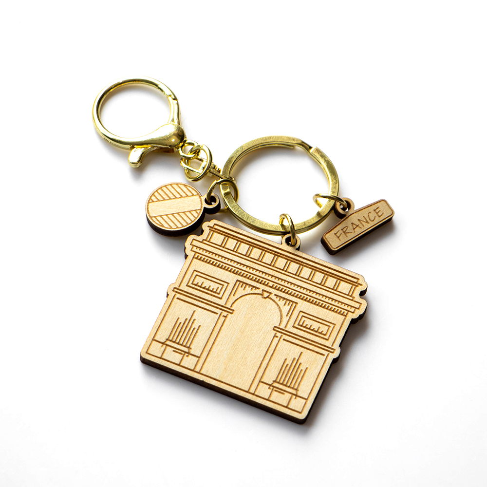 france keychain, arc de triomphe souvenir, wooden paris keyring, french travel gift, custom wooden keychain, laser cut france souvenir, eco keyring france, wholesale souvenir supplier, paris landmark keychain, custom france gift