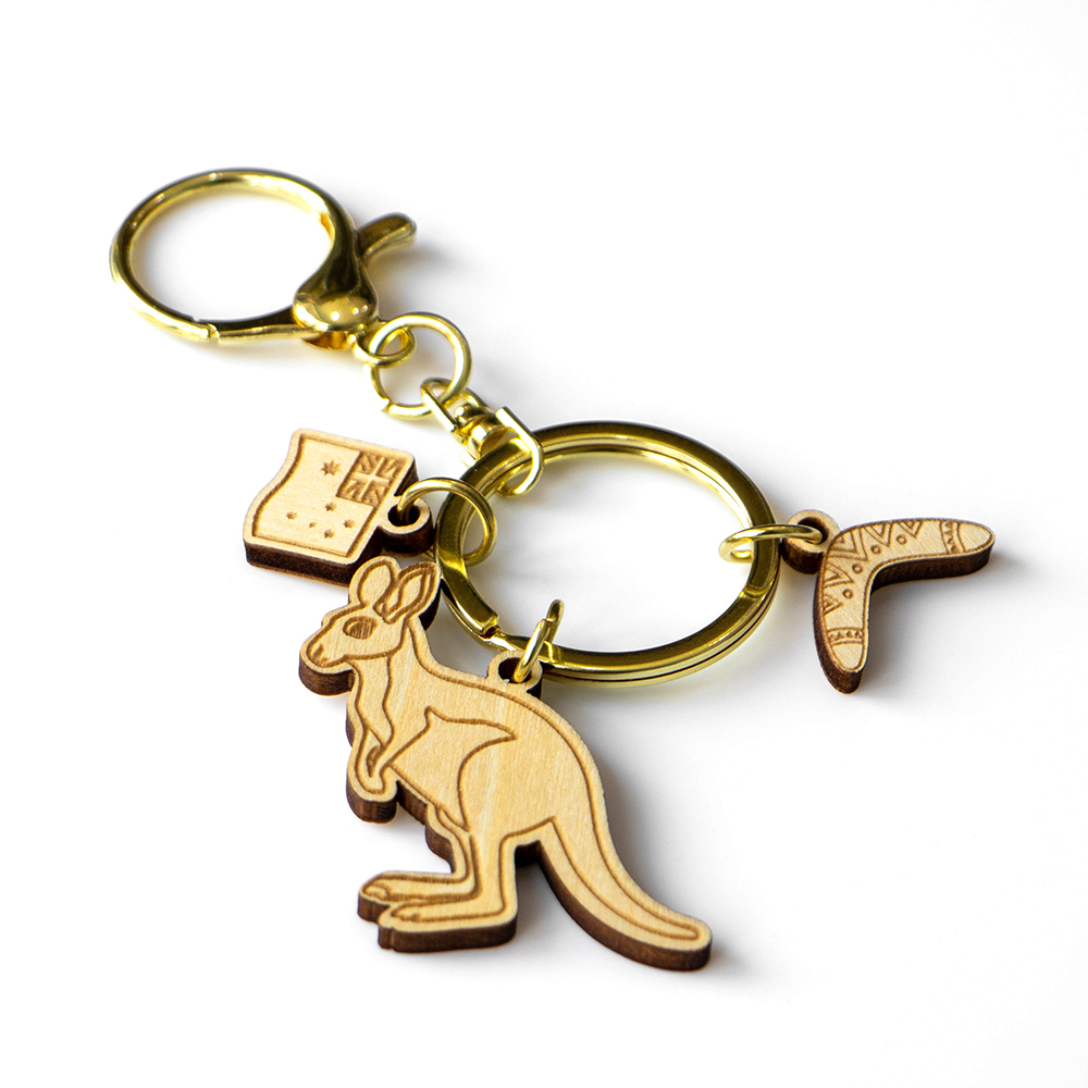 australia keychain, kangaroo souvenir, wooden keyring, boomerang keychain, laser cut souvenir, eco wooden keychain, custom souvenir gift, australia wholesale keychain, australian gift supplier, travel keyring australia