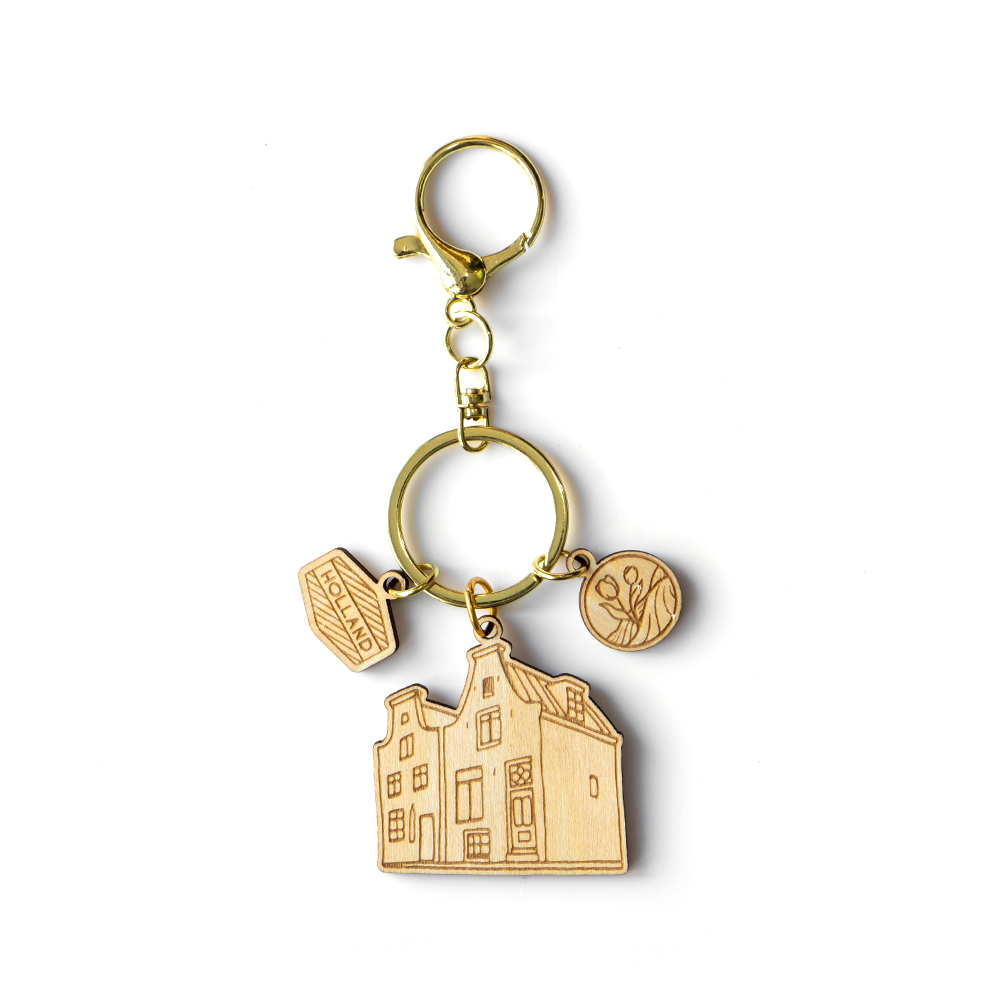 holland keychain, wooden souvenir holland, custom house keyring, laser cut wood keychain, dutch architecture souvenir, eco wood keyring, holland travel gift, netherlands souvenir keychain, b2b keychain supplier