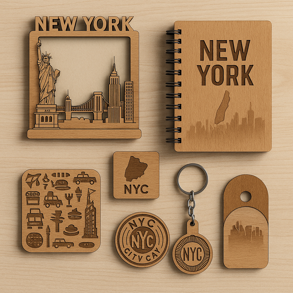 New York souvenirs, NYC custom gifts, wooden travel souvenirs, NYC skyline photo frame, wooden fridge magnet NYC, custom NYC keychain, NYC laser-cut gifts, wooden New York memorabilia, B2B souvenir supplier, custom wooden gifts New York.