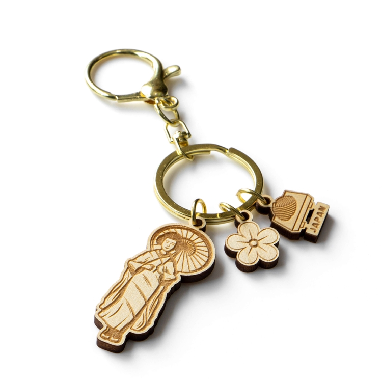 japan souvenir keychain, geisha wooden keyring, laser engraved charm, japanese culture gift, cherry blossom souvenir, japan travel keychain, custom logo keyring, japan b2b supplier, wooden japan gift