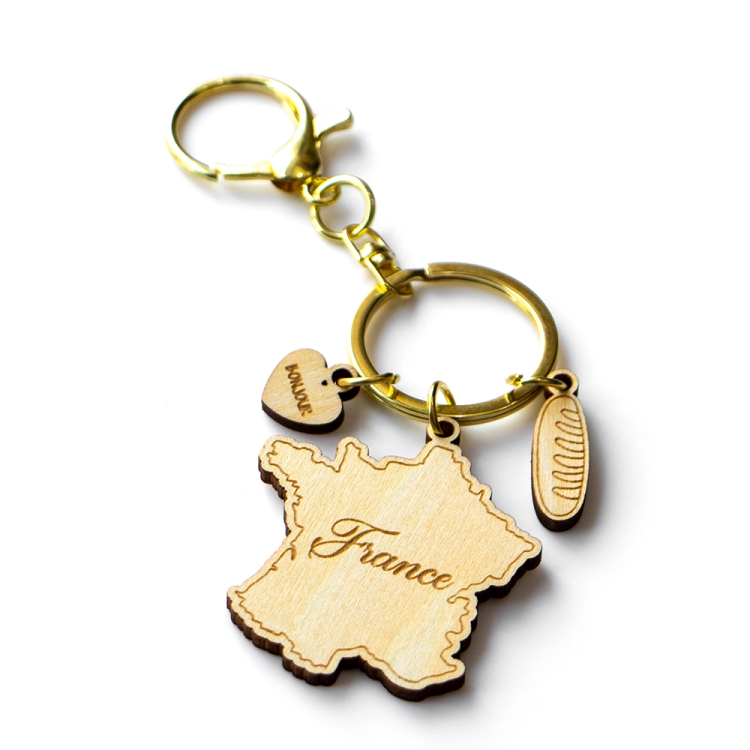 france keychain, france map souvenir, wooden travel keyring, french souvenir gift, custom wood keychain, laser cut france keychain, eco friendly keyring, baguette charm souvenir, bonjour keychain, wholesale souvenir supplier