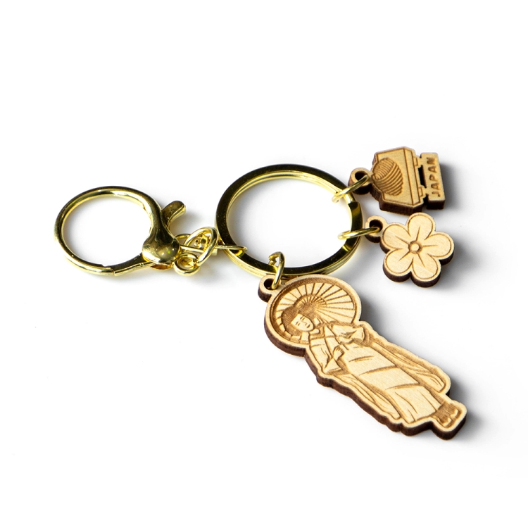japan souvenir keychain, geisha wooden keyring, laser engraved charm, japanese culture gift, cherry blossom souvenir, japan travel keychain, custom logo keyring, japan b2b supplier, wooden japan gift
