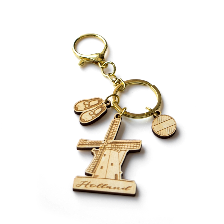 holland keychain, windmill souvenir, wooden keyring holland, laser cut gift, holland wooden keychain, custom holland souvenir, eco wood keychain, travel gift holland, b2b keyring supplier