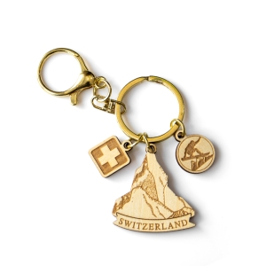 switzerland wooden keychain, swiss alps souvenir, mountain keychain, skiing gift keyring, swiss cross charm, laser cut wood keychain, gold hardware keychain, switzerland b2b gift, custom tourism product