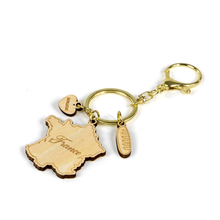 france keychain, france map souvenir, wooden travel keyring, french souvenir gift, custom wood keychain, laser cut france keychain, eco friendly keyring, baguette charm souvenir, bonjour keychain, wholesale souvenir supplier