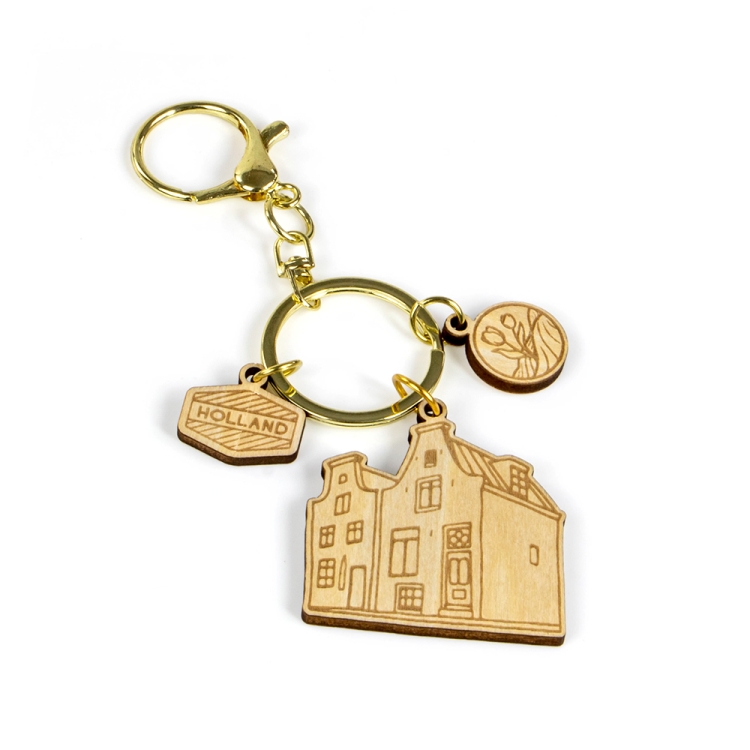 holland keychain, wooden souvenir holland, custom house keyring, laser cut wood keychain, dutch architecture souvenir, eco wood keyring, holland travel gift, netherlands souvenir keychain, b2b keychain supplier
