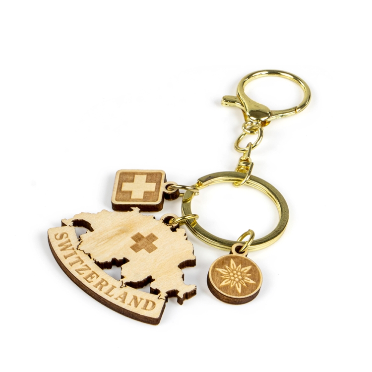 switzerland wooden keychain, swiss map souvenir, alpine flower charm, swiss cross keyring, laser engraved keychain, swiss gift supplier, tourism gifts, custom wooden keychain, switzerland b2b souvenir