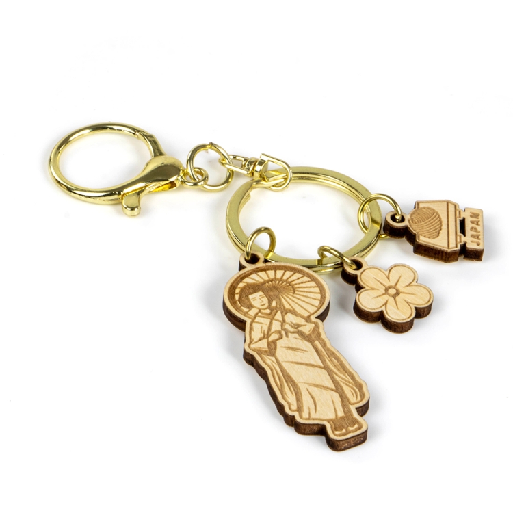 japan souvenir keychain, geisha wooden keyring, laser engraved charm, japanese culture gift, cherry blossom souvenir, japan travel keychain, custom logo keyring, japan b2b supplier, wooden japan gift