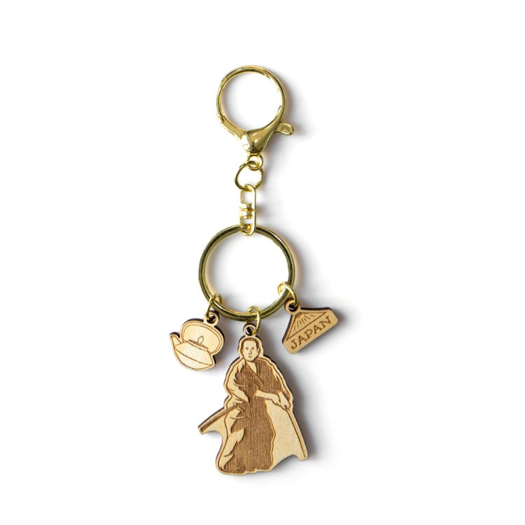 japan wooden keychain, samurai souvenir, laser engraved keyring, japan travel gift, eco wood keychain, japanese samurai charm, custom b2b souvenir, japan landmark keychain, wooden japan gift