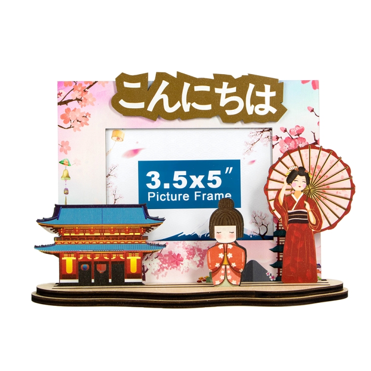 Japan souvenir photo frame, Konnichiwa photo frame, kimono girl wooden frame, Japanese culture keepsake, cherry blossom photo frame, Japanese temple souvenir, laser cut wooden travel gift, custom Japan photo frame,tourist souvenir supplier
