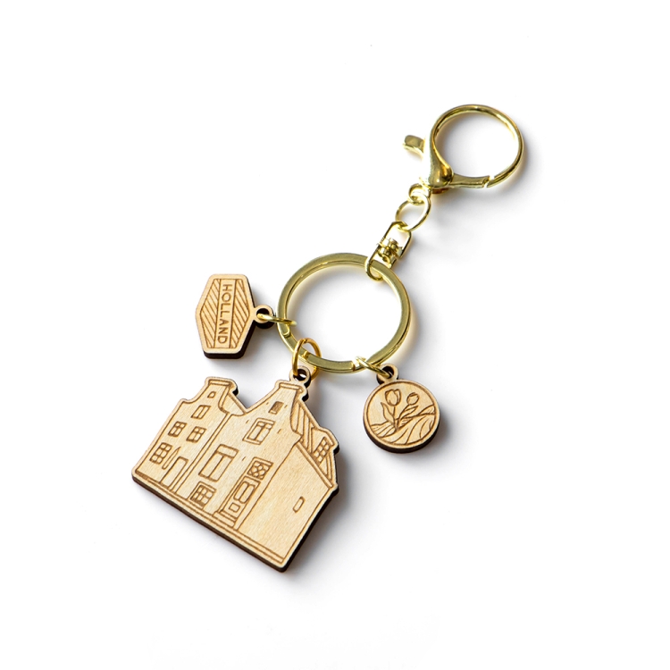 holland keychain, wooden souvenir holland, custom house keyring, laser cut wood keychain, dutch architecture souvenir, eco wood keyring, holland travel gift, netherlands souvenir keychain, b2b keychain supplier