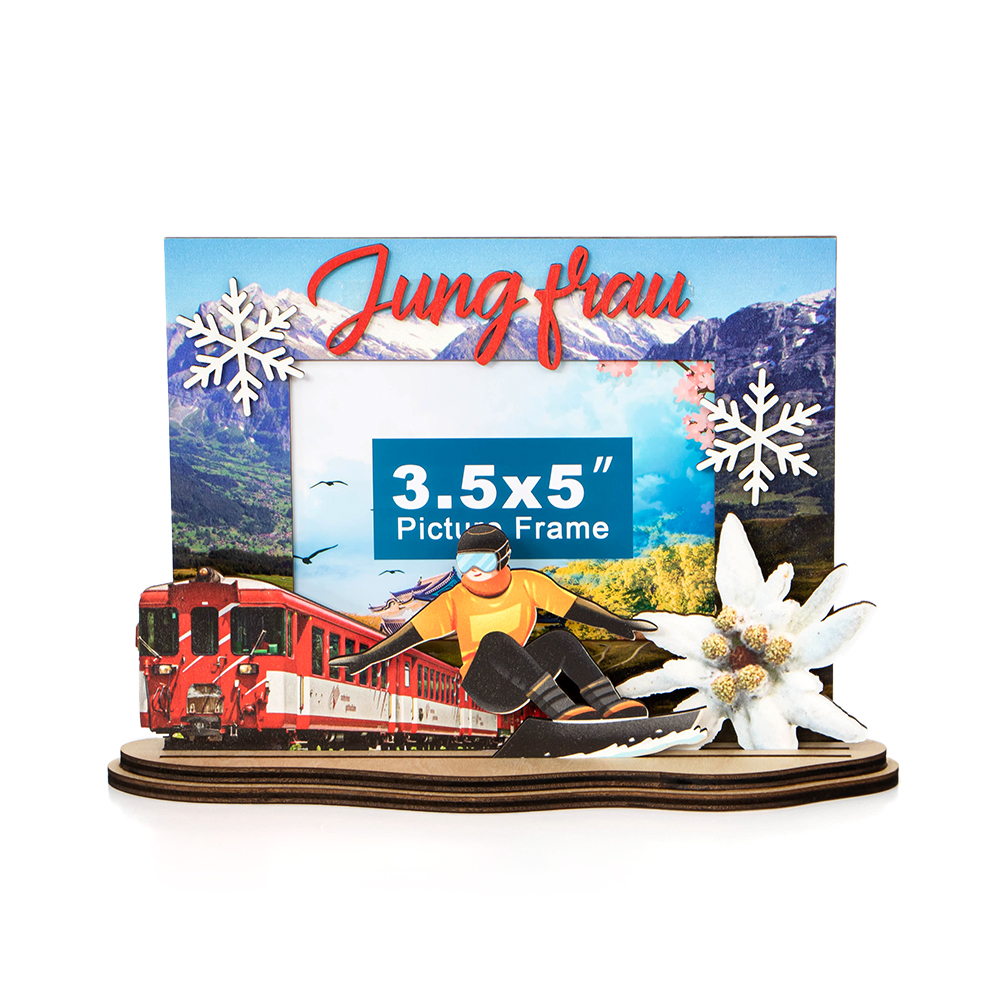 Jungfrau souvenir, skiing gift, Switzerland photo frame, custom wooden frame, travel memory gift, alpine decoration, laser cut photo frame, OEM souvenir, tourist keepsake,wooden souvenir,travel gift idea