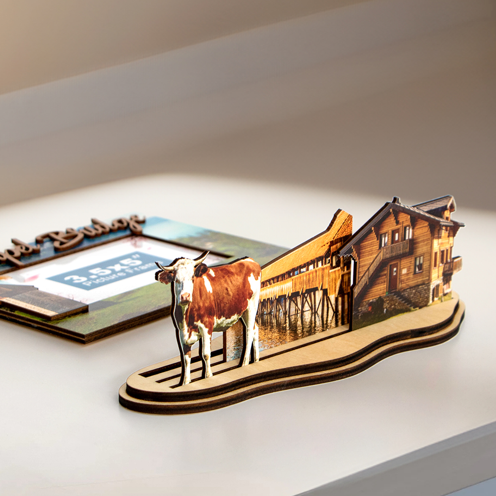 chapel bridge souvenir, lucerne gift, swiss wooden photo frame, swiss landmark frame, travel souvenir switzerland, 3d wooden decor, handcrafted swiss frame, alpine memory gift, swiss tourism keepsake, cow chalet photo frame