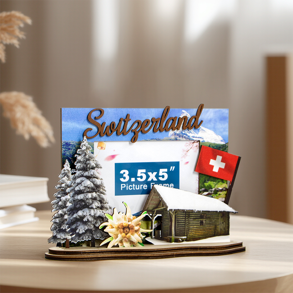 swiss chalet souvenir, switzerland snow gift, alpine wooden frame, swiss photo frame, winter souvenir decor, travel gift switzerland, handmade chalet decor, switzerland flag souvenir, alpine house photo frame,Winter Travel Souvenir