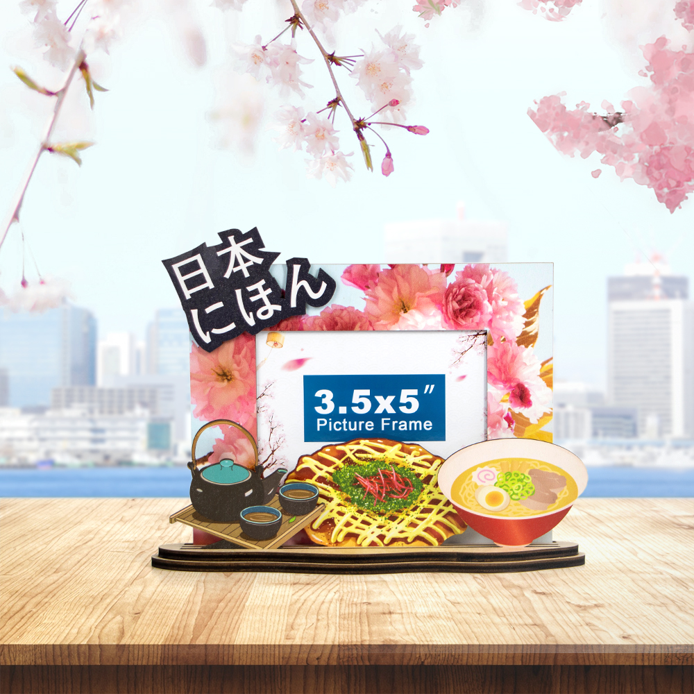 Japan souvenir photo frame, Japanese food picture frame, ramen wooden frame, takoyaki travel gift, Japan tea set frame, cherry blossom photo frame, laser cut Japan keepsake, custom Japanese travel souvenir