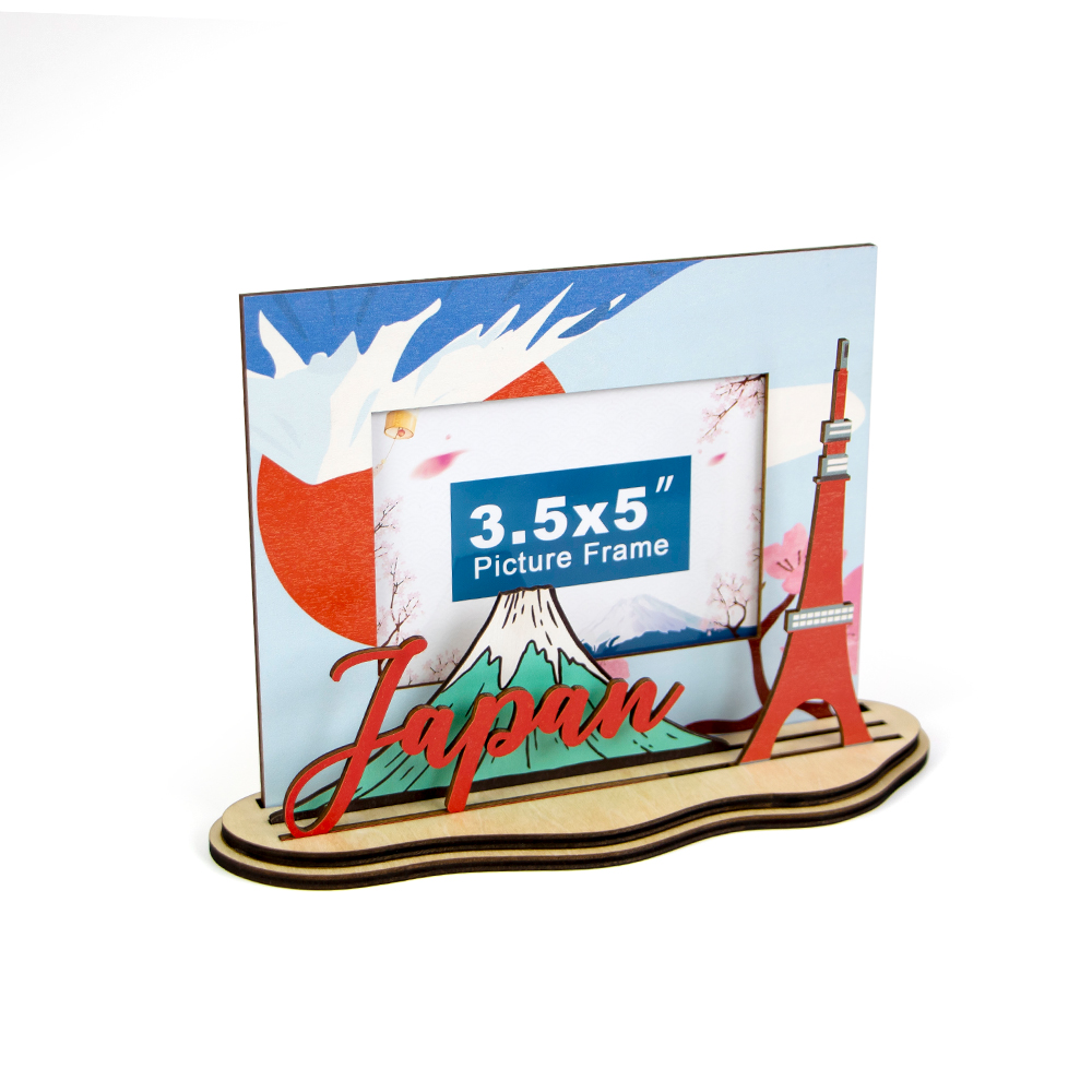 Japan souvenir photo frame, Japan travel gift, Mt. Fuji wooden frame, Tokyo tower photo frame, Japanese tourist keepsake, wooden Japan picture frame, laser cut travel frame, custom Japan travel souvenir