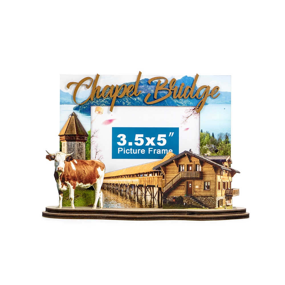 chapel bridge souvenir, lucerne gift, swiss wooden photo frame, swiss landmark frame, travel souvenir switzerland, 3d wooden decor, handcrafted swiss frame, alpine memory gift, swiss tourism keepsake, cow chalet photo frame