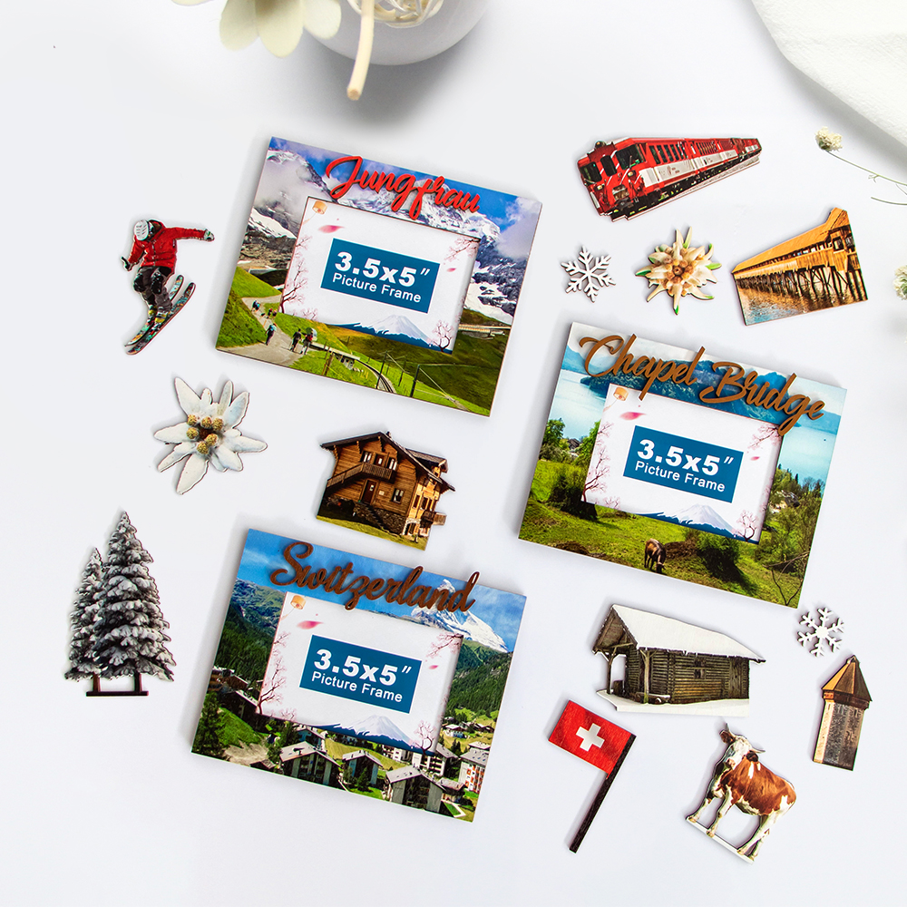 Switzerland souvenirs, wooden photo frame, custom travel gifts, Jungfrau, Chapel Bridge, Swiss gift supplier
