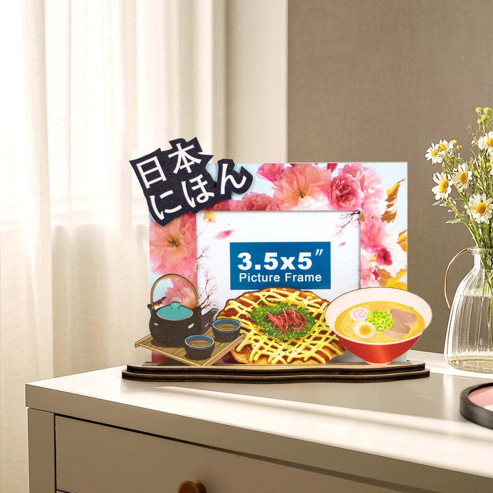 Japan souvenir photo frame, Japanese food picture frame, ramen wooden frame, takoyaki travel gift, Japan tea set frame, cherry blossom photo frame, laser cut Japan keepsake, custom Japanese travel souvenir