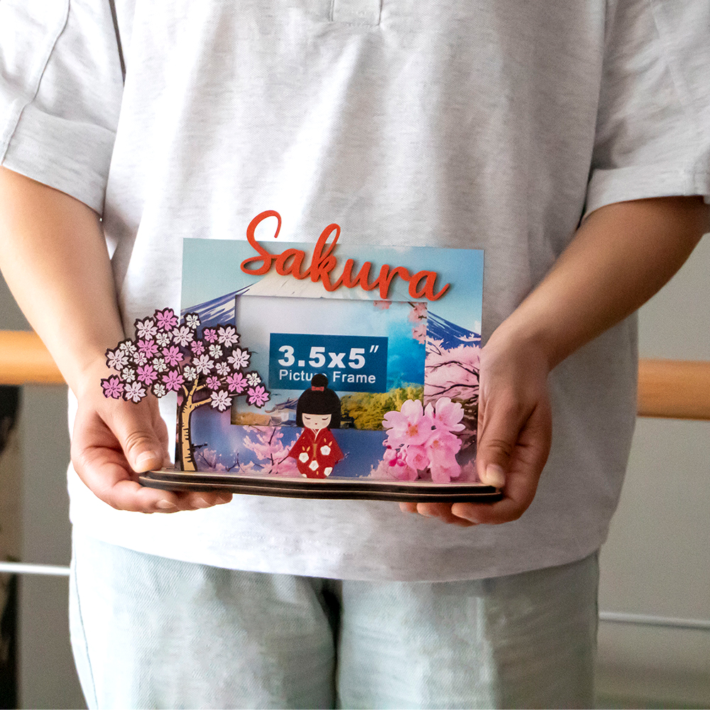 Sakura souvenir photo frame, Japan cherry blossom frame, Mt. Fuji picture frame, Japanese spring travel gift, wooden Sakura photo frame, laser cut Japan keepsake, custom cherry blossom frame, Japanese girl souvenir