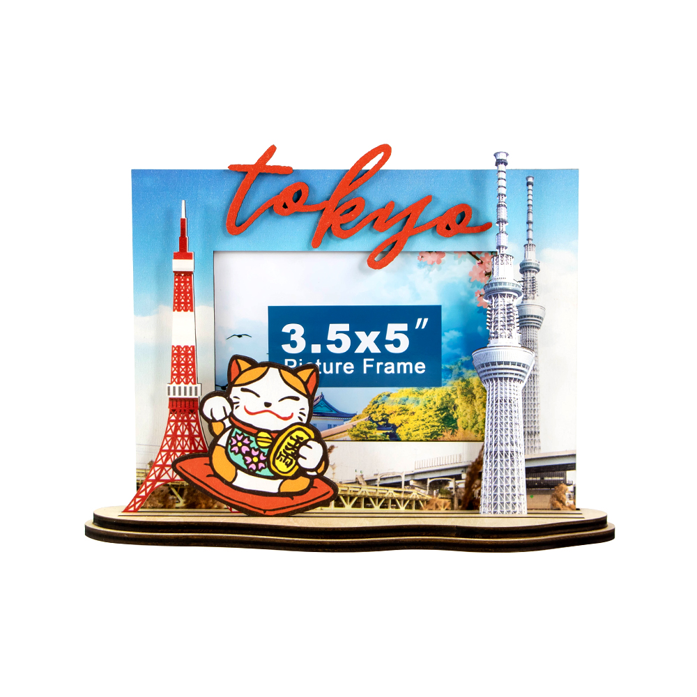 Tokyo souvenir photo frame, Tokyo travel gift, Maneki neko photo frame, Tokyo tower wooden frame, Skytree picture frame, Japanese wooden keepsake, laser cut Tokyo frame, custom Japan travel souvenir