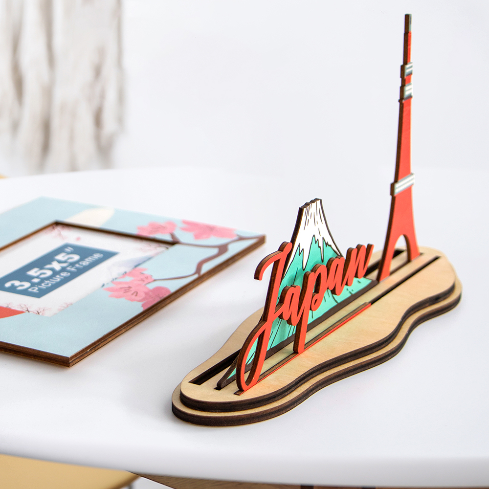 Japan souvenir photo frame, Japan travel gift, Mt. Fuji wooden frame, Tokyo tower photo frame, Japanese tourist keepsake, wooden Japan picture frame, laser cut travel frame, custom Japan travel souvenir