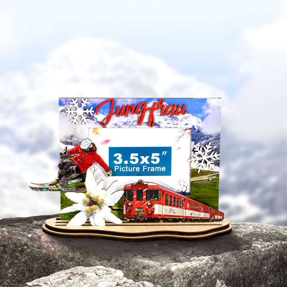 Jungfrau souvenir, Switzerland photo frame, wooden ski gift, Swiss train decor, travel keepsake