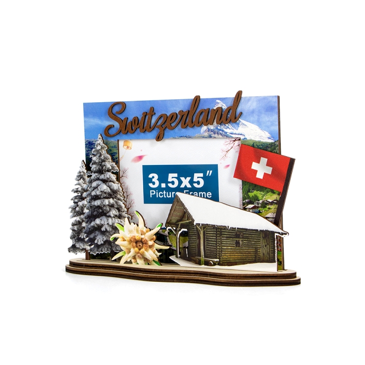 Switzerland photo frame,Alpine wooden frame,Swiss chalet souvenir,Winter travel souvenir,wooden Switzerland photo frame