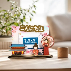 Japan souvenir photo frame, Konnichiwa photo frame, kimono girl wooden frame, Japanese culture keepsake, cherry blossom photo frame, Japanese temple souvenir, laser cut wooden travel gift, custom Japan photo frame