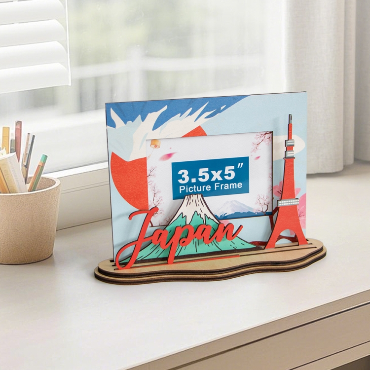 Japan souvenir photo frame, Japan travel gift, Mt. Fuji wooden frame, Tokyo tower photo frame, Japanese tourist keepsake, wooden Japan picture frame, laser cut travel frame, custom Japan travel souvenir