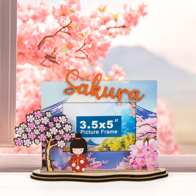 Sakura souvenir photo frame, Japan cherry blossom frame, Mt. Fuji picture frame, Japanese spring travel gift, wooden Sakura photo frame, laser cut Japan keepsake, custom cherry blossom frame, Japanese girl souvenir