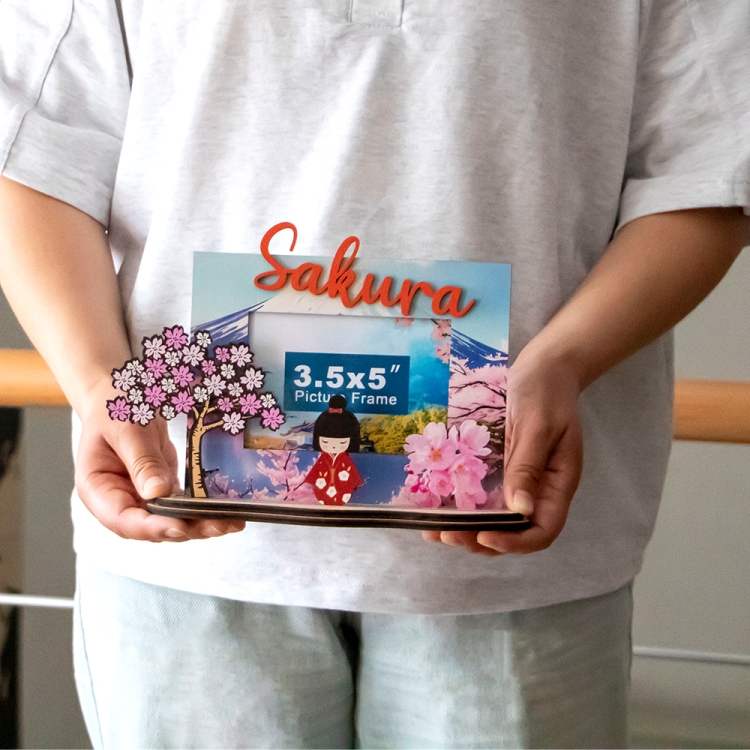 Sakura souvenir photo frame, Japan cherry blossom frame, Mt. Fuji picture frame, Japanese spring travel gift, wooden Sakura photo frame, laser cut Japan keepsake, custom cherry blossom frame, Japanese girl souvenir
