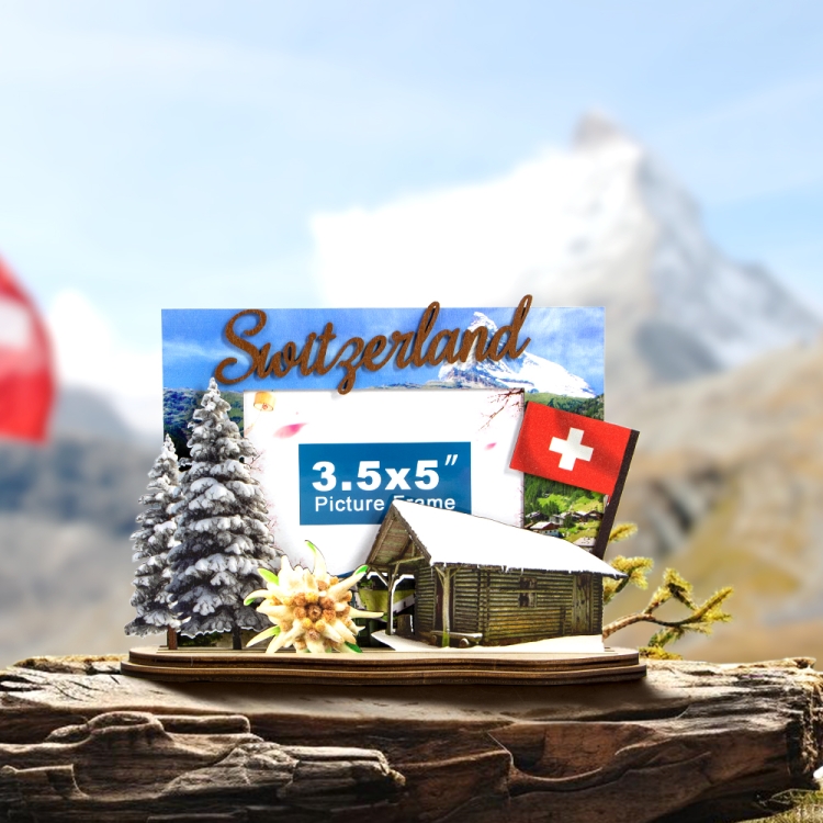 swiss chalet souvenir, switzerland snow gift, alpine wooden frame, swiss photo frame, winter souvenir decor, travel gift switzerland, handmade chalet decor, switzerland flag souvenir, alpine house photo frame,Winter Travel Souvenir
