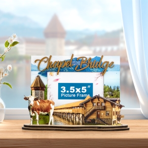 chapel bridge souvenir, lucerne gift, swiss wooden photo frame, swiss landmark frame, travel souvenir switzerland, 3d wooden decor, handcrafted swiss frame, alpine memory gift, swiss tourism keepsake, cow chalet photo frame