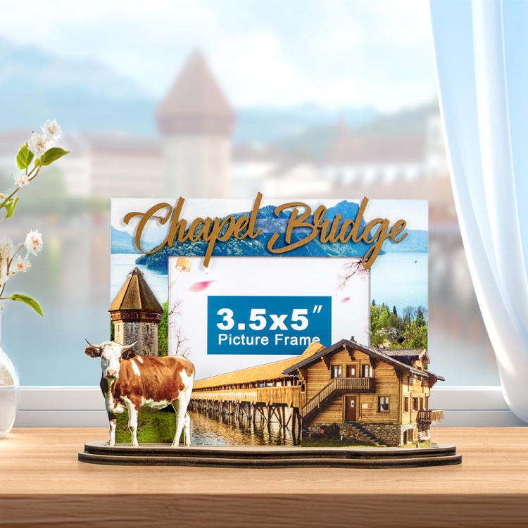 chapel bridge souvenir, lucerne gift, swiss wooden photo frame, swiss landmark frame, travel souvenir switzerland, 3d wooden decor, handcrafted swiss frame, alpine memory gift, swiss tourism keepsake, cow chalet photo frame