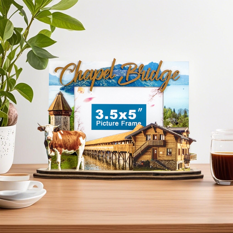 chapel bridge souvenir, lucerne gift, swiss wooden photo frame, swiss landmark frame, travel souvenir switzerland, 3d wooden decor, handcrafted swiss frame, alpine memory gift, swiss tourism keepsake, cow chalet photo frame
