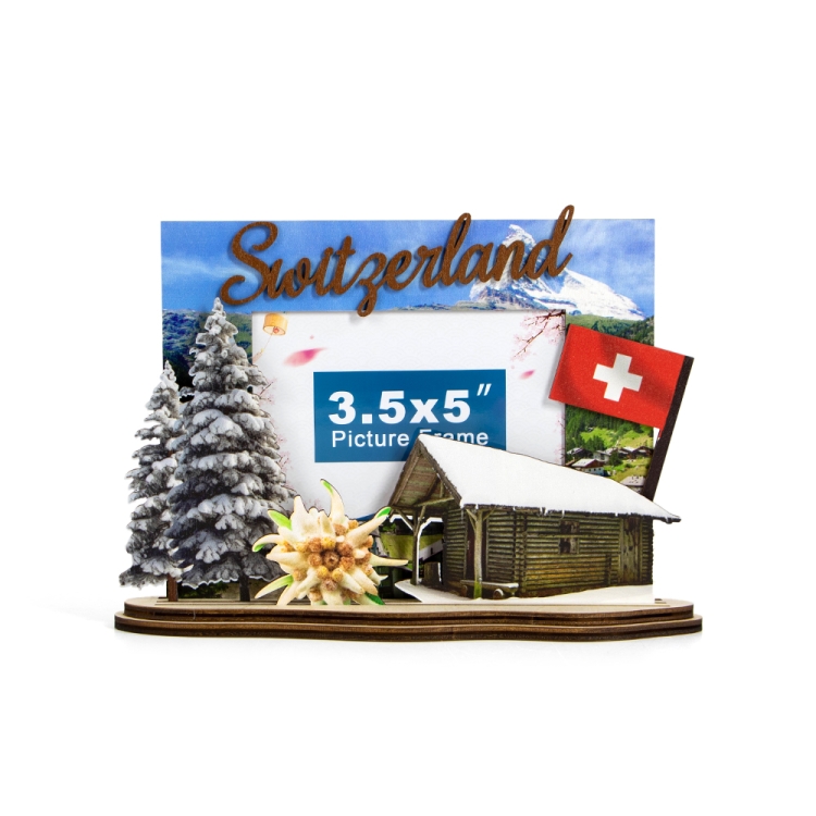 Switzerland photo frame,Alpine wooden frame,Swiss chalet souvenir,Winter travel souvenir,wooden Switzerland photo frame