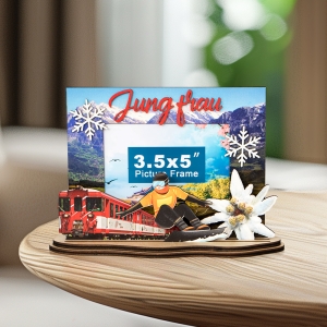 Jungfrau souvenir, skiing gift, Switzerland photo frame, custom wooden frame, travel memory gift, alpine decoration, laser cut photo frame, OEM souvenir, tourist keepsake,wooden souvenir,travel gift idea